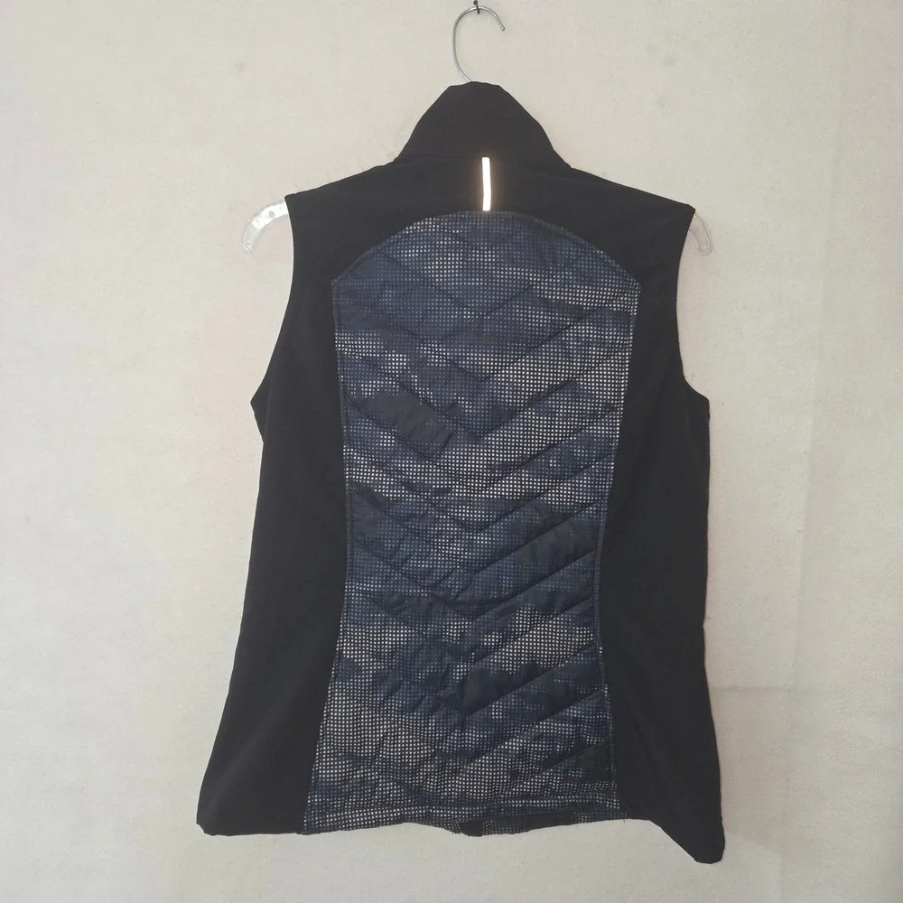 Eddie Bauer Puffer Vest Womens Medium Black Blue Digital Camo Hybrid Quilted Zip